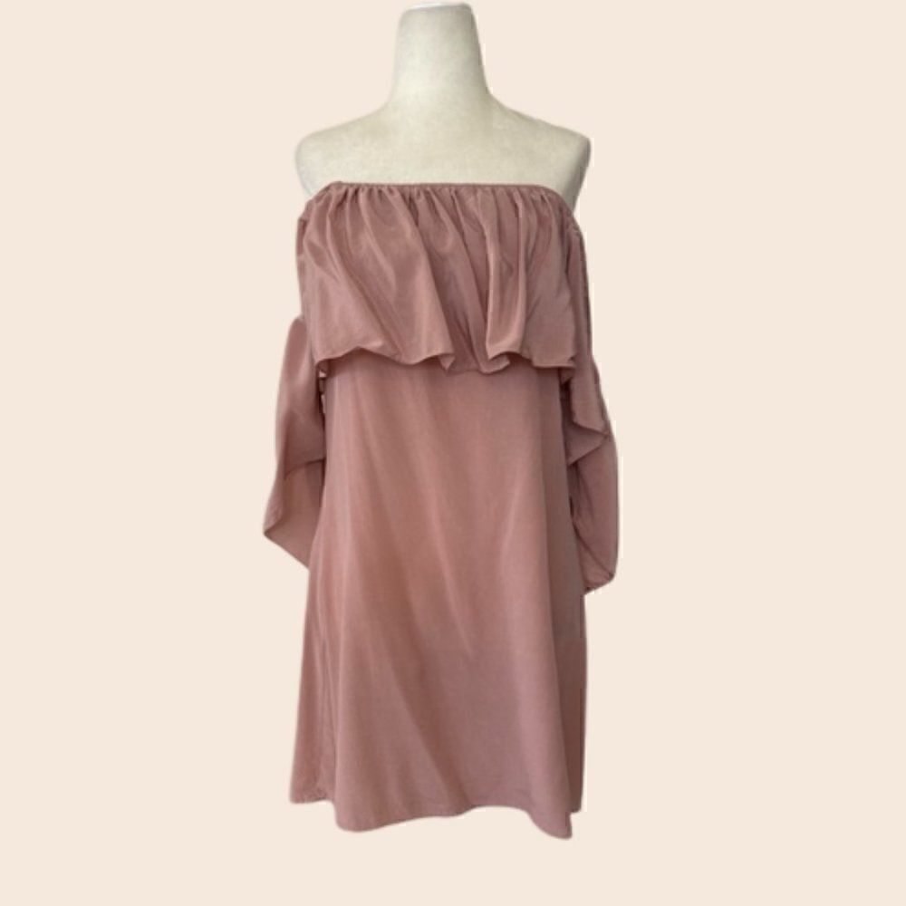 Roe + May Blush Pink Silk Off Shoulder Mini Baby Doll Dress Size Large